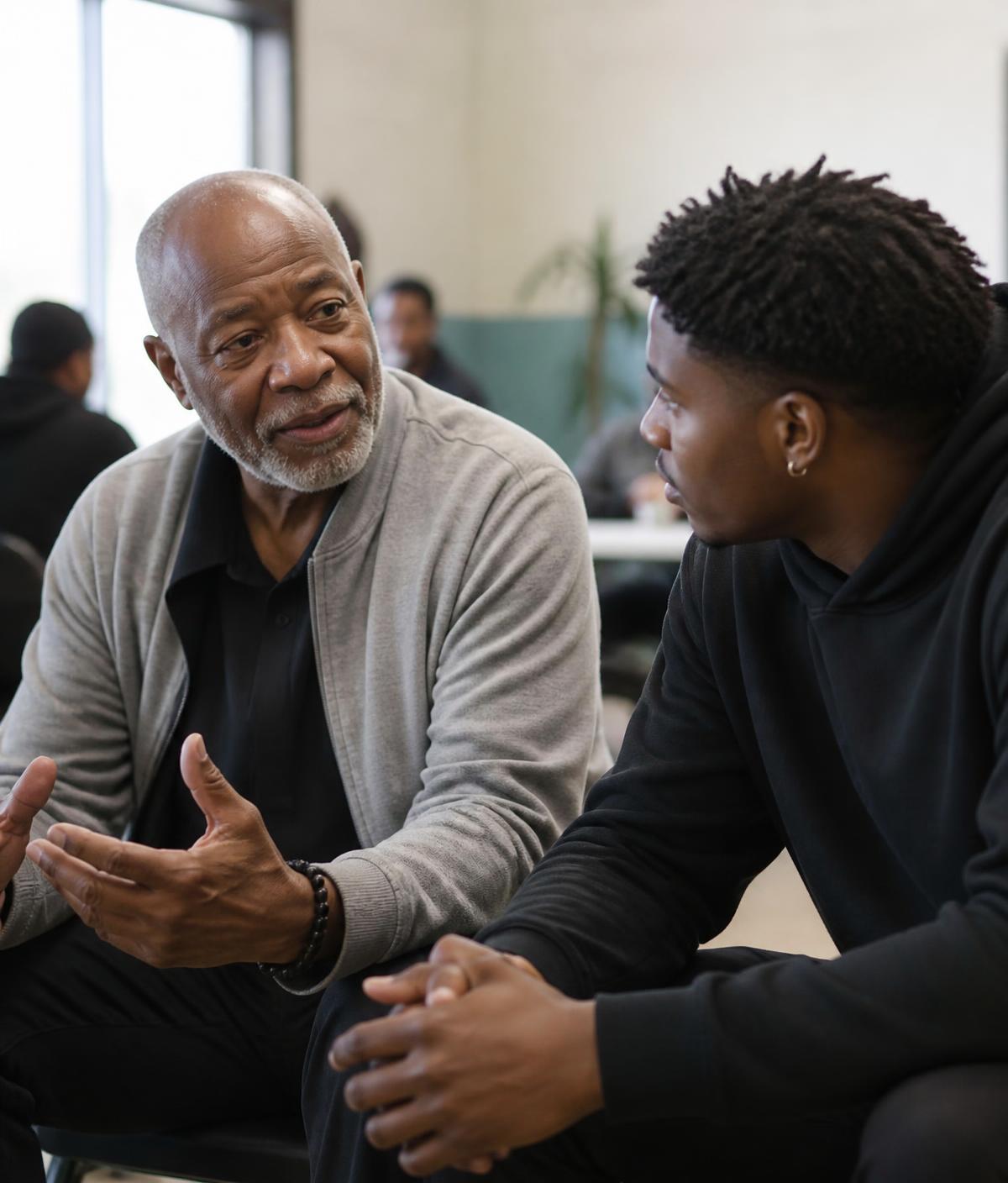 An elder in conversation with a young community member