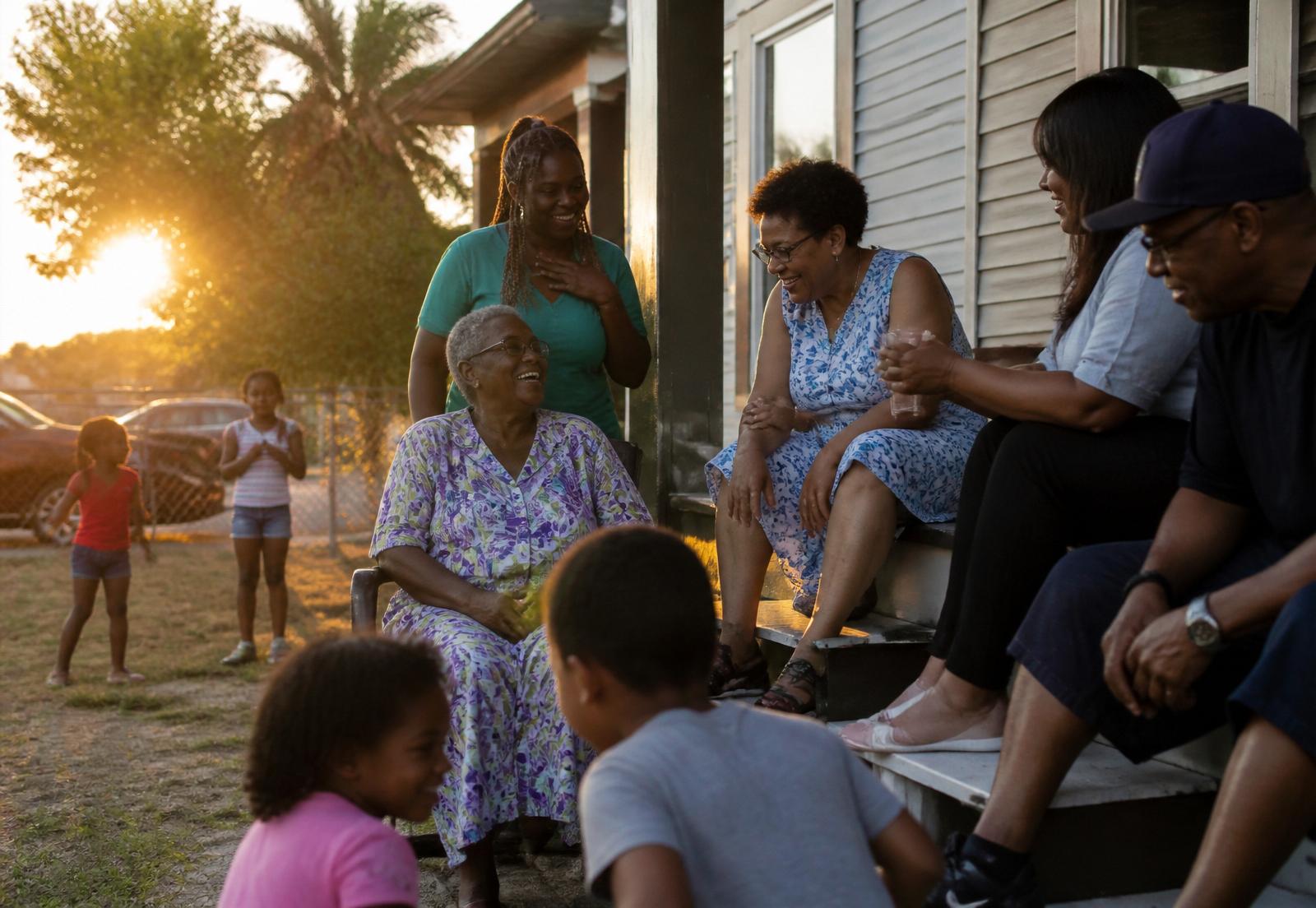 Neighbors of all ages gathered on a porch at golden hour in East Tampa