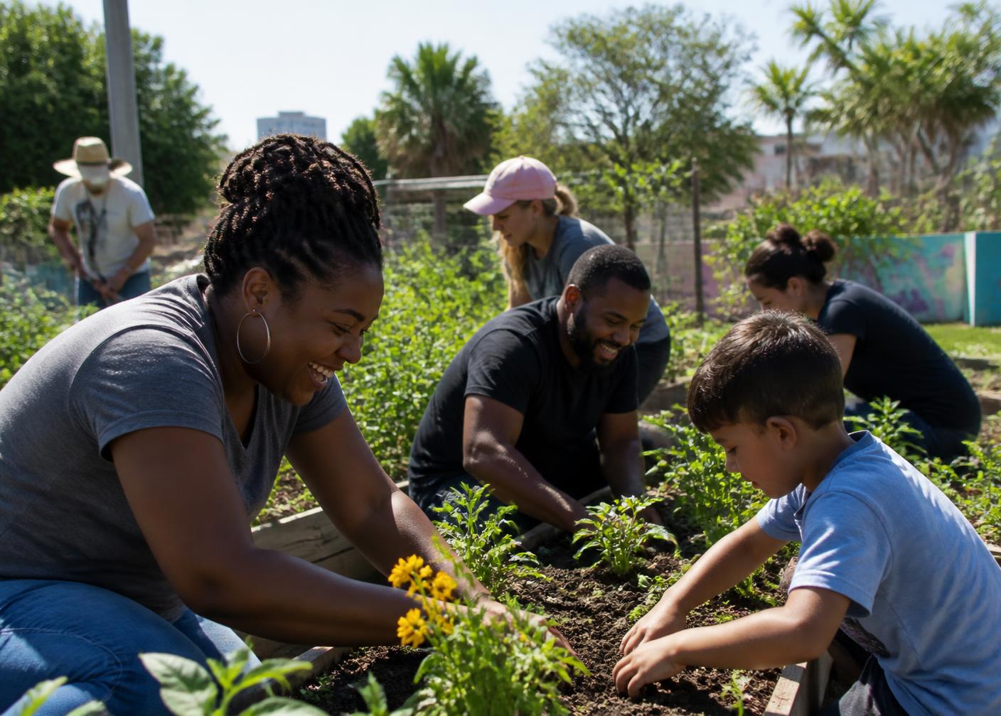 Volunteers planting together at a community garden
